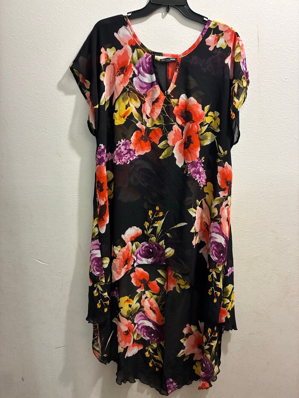 Cha Cha Vente Sheer Floral High-Low Dress Cover Up Asymmetrical Black Multi XL